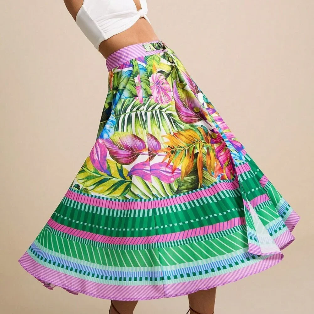 Green Boho Women's Tropical Watercolor Palm Leaf A-Line Midi Skirt